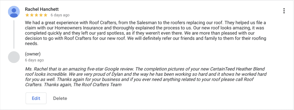 Roof Crafters Client Review 5 Stars