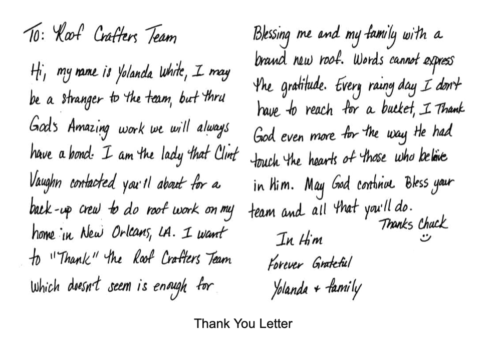 Thank you letter from client thanking Roof Crafters