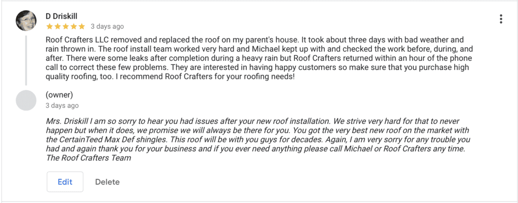 Google 5 star review Roofing