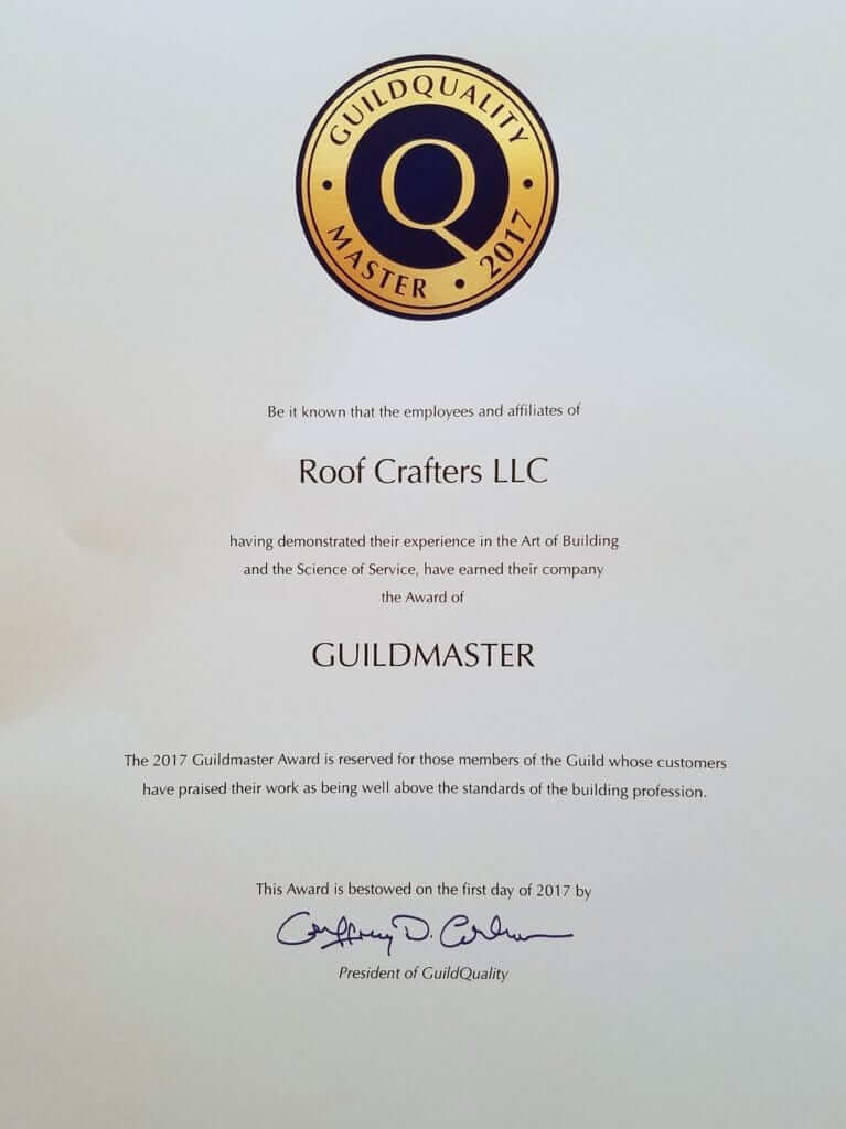 Guildmaster Certificate by Guildquality awarded to Roof Crafters