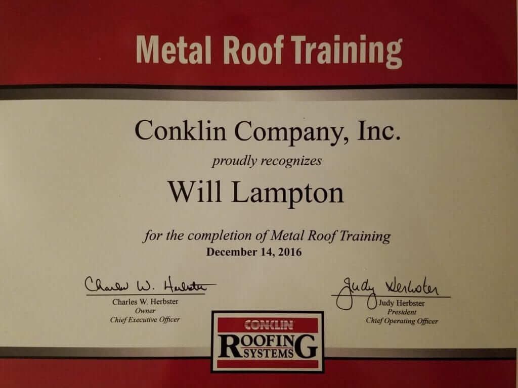 Metal Roof Training Certificate by Conklin awarded to Will Lampton of Roof Crafters